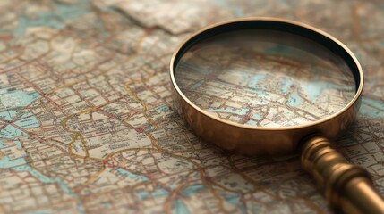 Closeup of a magnifying glass over an old map.
