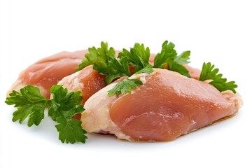 Raw skinless and boneless chicken breast meat with parsley garnish isolated on white , ai