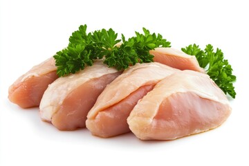 Raw skinless and boneless chicken breast meat with parsley garnish isolated on white , ai