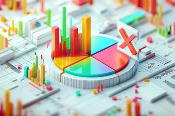 Fototapeta premium Colorful data visualization with graphs and charts on a digital grid.
