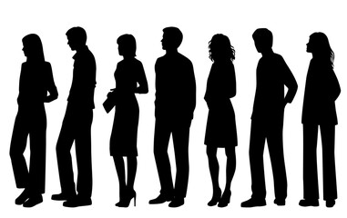 Vector silhouettes of  men and a women, a group of standing   business people, profile, black isolated on white background