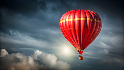 Fototapeta premium Red hot air balloon floating in the sky against a grey background, hot air balloon, red, sky, grey, background, floating