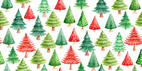 Obraz premium Watercolour seamless pattern of green and red Christmas trees, watercolour, seamless, repeating, pattern, green