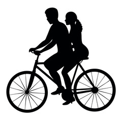 a black silhouette of a man and a woman riding a bicycle. The man is sitting on the back of the bicycle