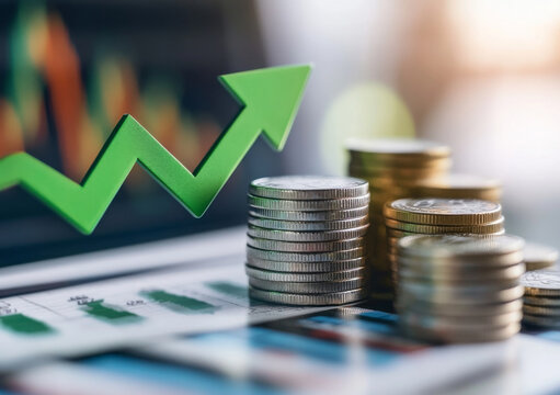 Investment growth with coins and graphs, financial success