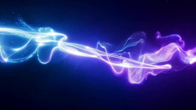 Modern technology uses neon blue wave patterns in graphic design to depict dynamic connectivity between digital systems.