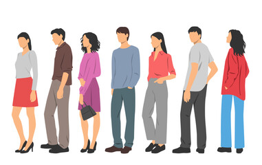 Obraz premium Set of young men and women , different colors, cartoon character, group of silhouettes of standing business people, students, design concept of flat icon, isolated on white background