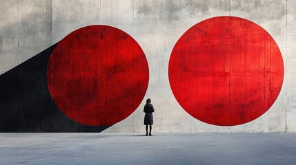 Abstract Art Concept with Red Circles and Solitary Figure