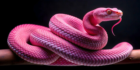 Fototapeta premium Pink viper snake in striking position , pink, viper, snake, reptile, wild, animal, slither, scales, venomous, danger, fear
