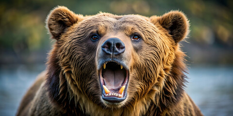 Fototapeta premium Close up of a grizzly bear roaring aggressively, Grizzly bear, Ursus arctos horribilis, close up, roaring