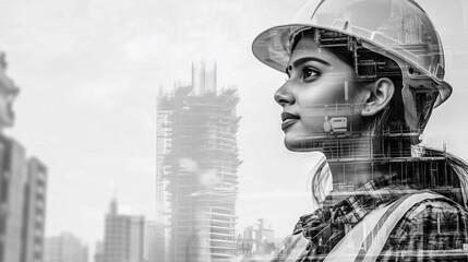 Indian woman female construction engineer architect worker safety hardhat vest industry professional diversity double exposure leadership progress site corporate scaffolding highrise builder workforce