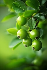  A tight shot of green berries clustered on a leafy branch against a verdant backdrop, softly blurred behind