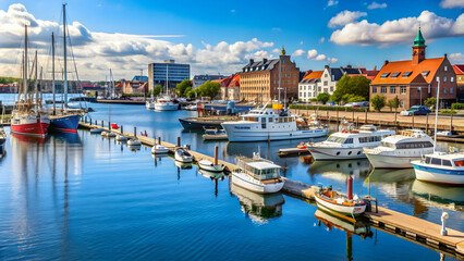 Aalborg Port view on a sunny day with boats in the harbor, Aalborg, Port, Sunny day, Harbour, Boats, Waterfront, Scandinavian