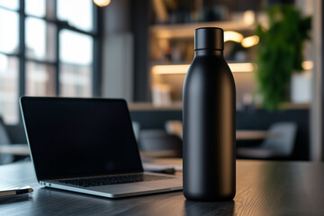 black thermal water bottle standing upright on a modern office desk, water bottle mockup, copy space