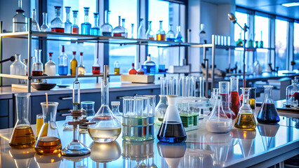 A cluttered lab bench with numerous bottles and beakers on it, science, laboratory, research, experimentation