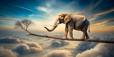 Elephant balancing on thin branch in surreal landscape, elephant, balance, thin branch, withered tree, surreal, landscape, animal