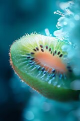  A Kiwi fruit with water droplets on its surface and a blurred background
