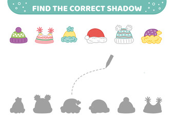 Find the correct shadow. Winter hats. Warm hats. Shadow matching game. Cartoon, vector