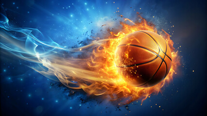Fototapeta premium Flying basketball ball engulfed in flames on abstract blue background with sparkling effects, basketball, flames, flying