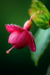  A tight shot of a pink bloom with dewdrops on its petals and a verdant leaf in the backdrop