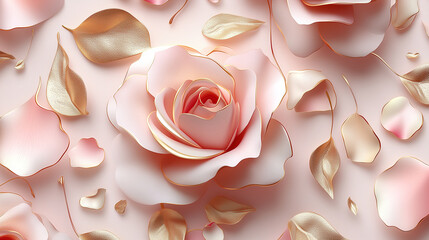 Elegant Pink Roses With Golden Accents on a Soft Pastel Background for a Decorative Touch