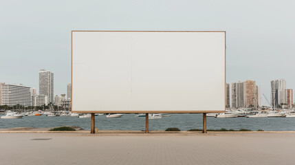 Empty Large Billboard Facing Marina with Skyscrapers and Boats in Coastal Cityscape