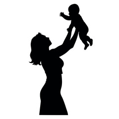 a mother holding her baby up in the air. The mother is facing away from the camera and her head is tilted upwards silhouette
