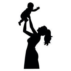 a mother holding her baby up in the air. The mother is facing away from the camera and her head is tilted upwards silhouette