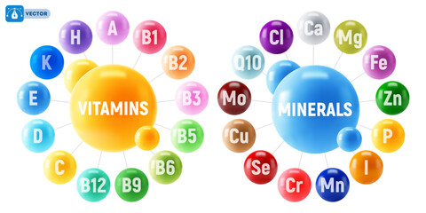 Set of Multivitamin and Minerals supplement 3d vector icons. A, B1, B2, B3, B5, B6, B9, B12, C, D, E, K, H, Fe, I, Ca, Cl, Mg, Mn, Mo, Cu, Se, Cr, Zn, P, Q10. Essential vitamin and mineral complex