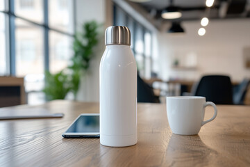 White thermal water bottle standing upright on a modern office desk with a phone and coffee cup, water bottle mockup with copy space