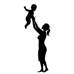 a mother holding her baby up in the air. The mother is facing away from the camera and her head is tilted upwards silhouette