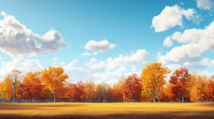 Drzewa ubrane w piękne, jesienne kolory, kt&oacute;re kontrastują z jasnym niebem. Taki widok zachęca do refleksji i cieszenia się urokami przyrody.