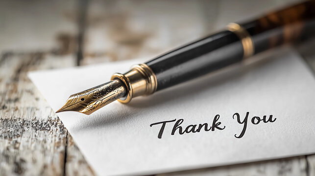 Thank You Card with a Luxury Fountain Pen on a Wooden Table