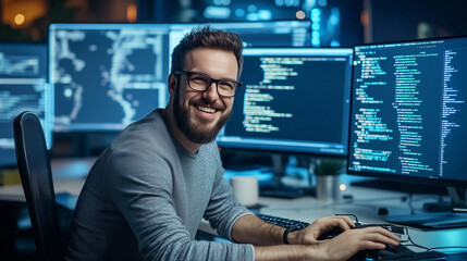 Mężczyzna z radosnym wyrazem twarzy, siedzący w biurze przed komputerami. Jego praca nad innowacyjnymi rozwiązaniami odzwierciedla pasję do technologii i twórczego myślenia.