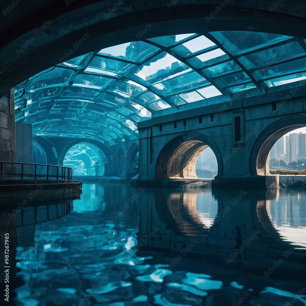 Wall mural water tunnel near city