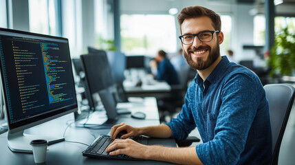 Fototapeta na wymiar Mężczyzna z radosnym wyrazem twarzy, siedzący w biurze przed komputerami. Jego praca nad innowacyjnymi rozwiązaniami odzwierciedla pasję do technologii i twórczego myślenia.