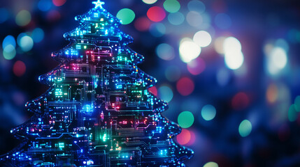 Elektroniczne drzewko bożonarodzeniowe, pełne świecących obwodów i małych ekranów, tworzące nową interpretację tradycyjnej choinki przy użyciu zaawansowanej technologii.