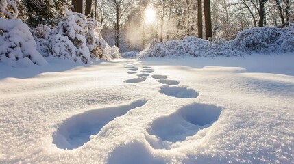 A path of footprints leads through a snowy forest with sunlight shining through the trees.