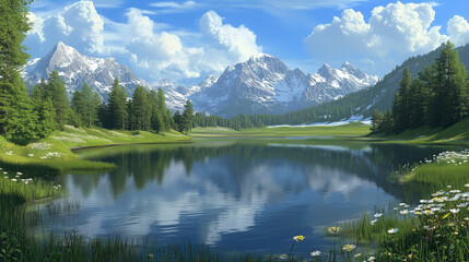Wysokie góry otaczające łąki pełne kwiatów, z błyszczącą taflą wody w tle. To miejsce zaprasza do odkrywania piękna natury i cieszenia się jej spokojem.