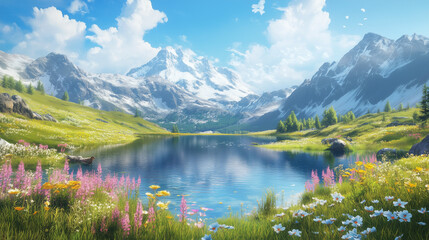Wysokie g&oacute;ry otaczające łąki pełne kwiat&oacute;w, z błyszczącą taflą wody w tle. To miejsce zaprasza do odkrywania piękna natury i cieszenia się jej spokojem.
