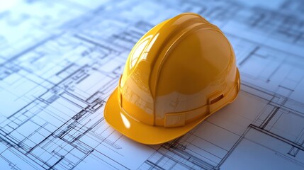 A yellow hard hat resting on a blueprint, symbolizing construction and planning.