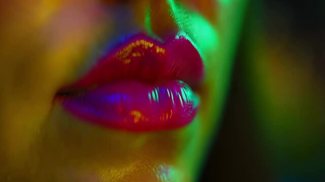Captivating close-up of vibrant lips in colorful lighting at an event