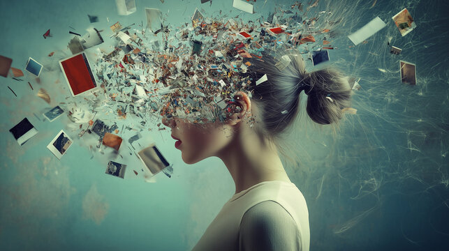 Głowa młodego człowieka, z kt&oacute;rej wybuchają cyfrowe informacje: wiadomości, powiadomienia i media społecznościowe. Ukazuje to zmaganie się z nadmiarem informacji i uzależnieniem od medi&oacute;w.