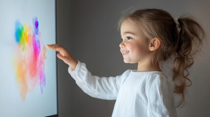 Joyful Child Interacting with Colorful Screen Art