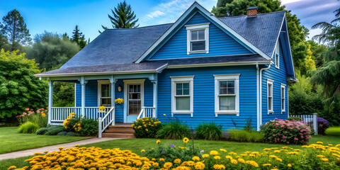 Rural blue house with yellow flowers in the front yard, rural, blue, house, yellow, flowers, garden, countryside, small