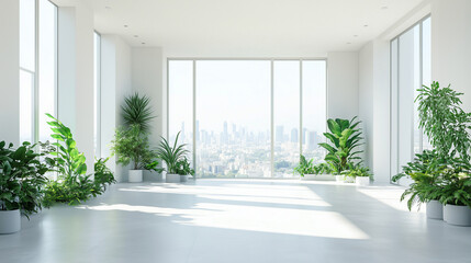 Fototapeta premium Wnętrze o minimalistycznym charakterze, gdzie białe ściany kontrastują z zielenią roślin. Światło słoneczne swobodnie wpada przez panoramiczne okna.