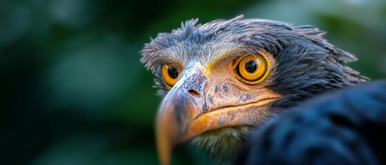 Fototapeta premium A tight shot of a bird's face against a softly blurred backdrop of green foliage