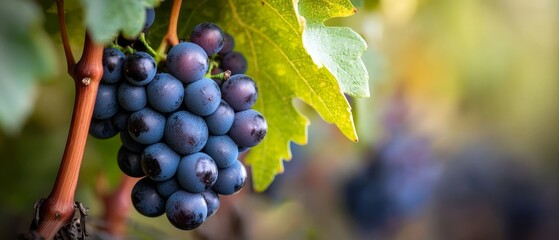 Fototapeta premium A sunny day features a vine laden with bunches of grapes and green leaves