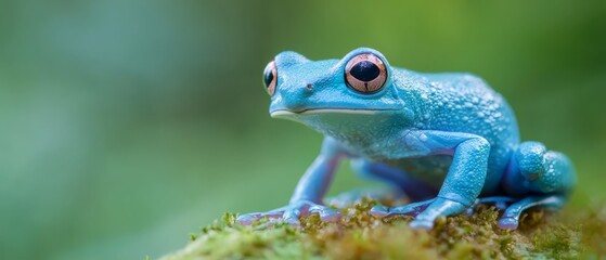 Obraz premium A tight shot of a blue frog atop mossy terrain against a vaguely defined, green backdrop