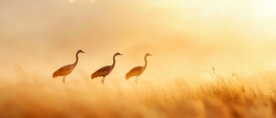  Three birds in a field of tall grass Sun shines through background fog